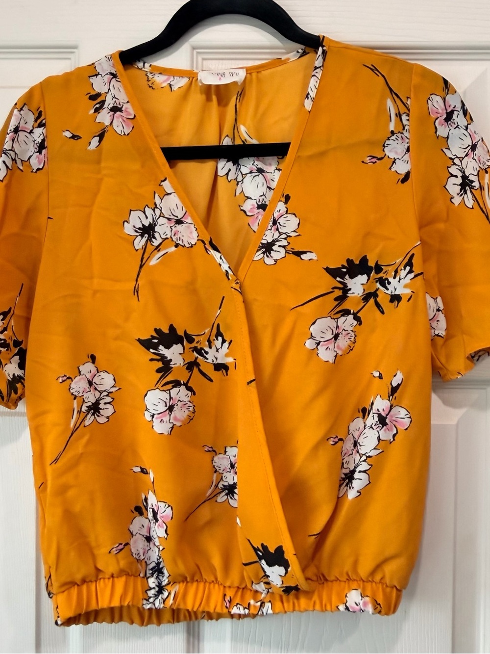 Sienna Sky Mustard Floral Wrap-Style Short Sleeve Blouse